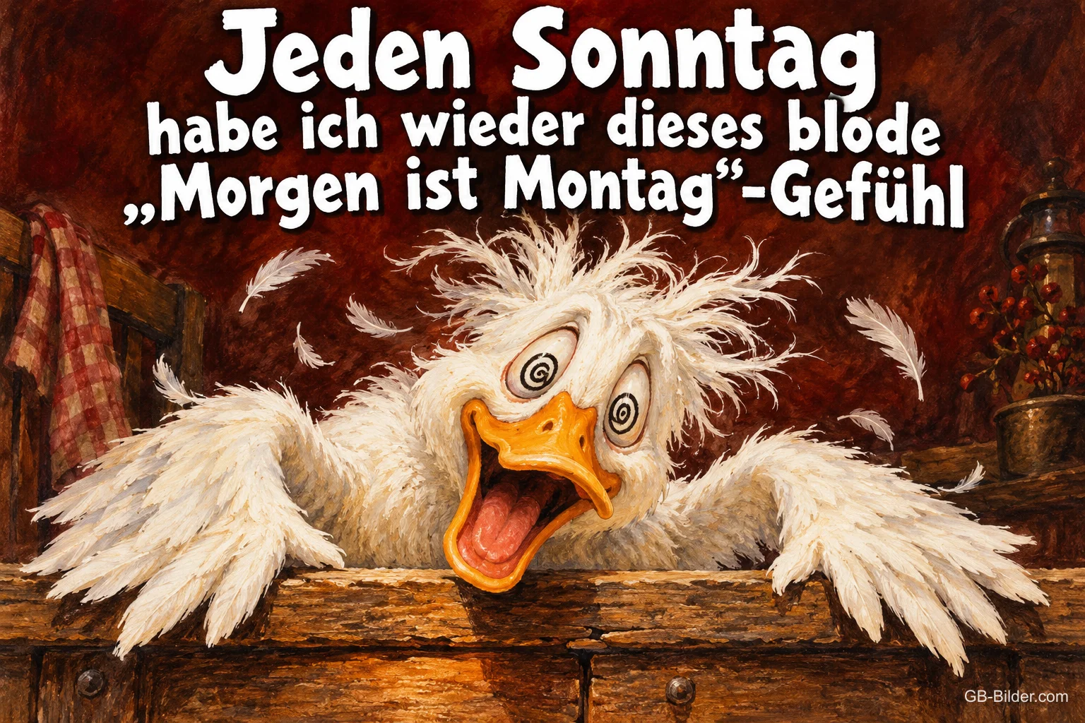 Zerzauste weiße Ente mit Spiralaugen lehnt über einem Holztisch, Text: Jeden Sonntag habe ich wieder dieses blöde „Morgen ist Montag“-Gefühl Zerzauste weiße Ente mit Spiralaugen lehnt über einem Holztisch, Text: Jeden Sonntag habe ich wieder dieses blöde „Morgen ist Montag“-Gefühl