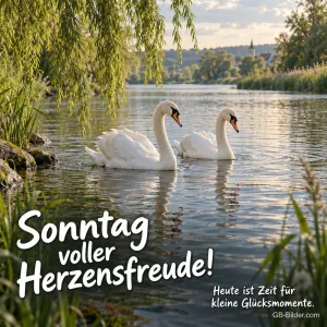 Schwäne unter Weiden, Text: Sonntag voller Herzensfreude