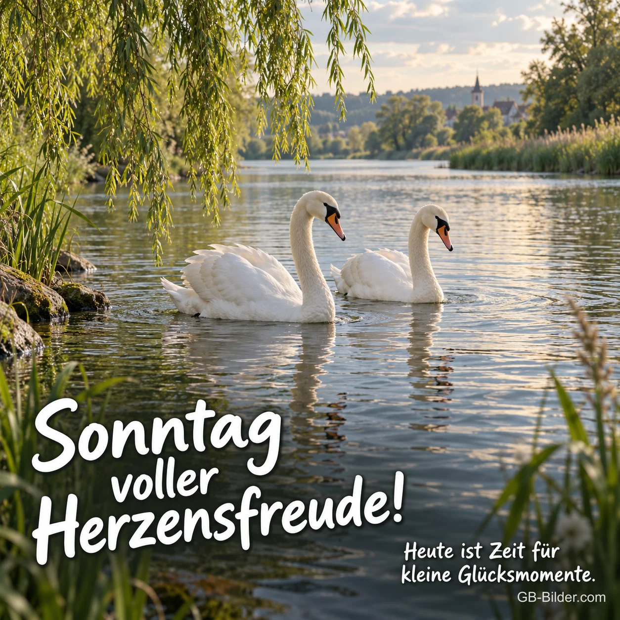 Schwäne unter Weiden, Text: Sonntag voller Herzensfreude