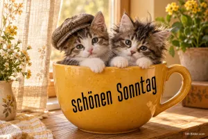 Zwei Kätzchen, eines mit Mütze, sitzen in einer gelben Tasse, Text: schönen Sonntag