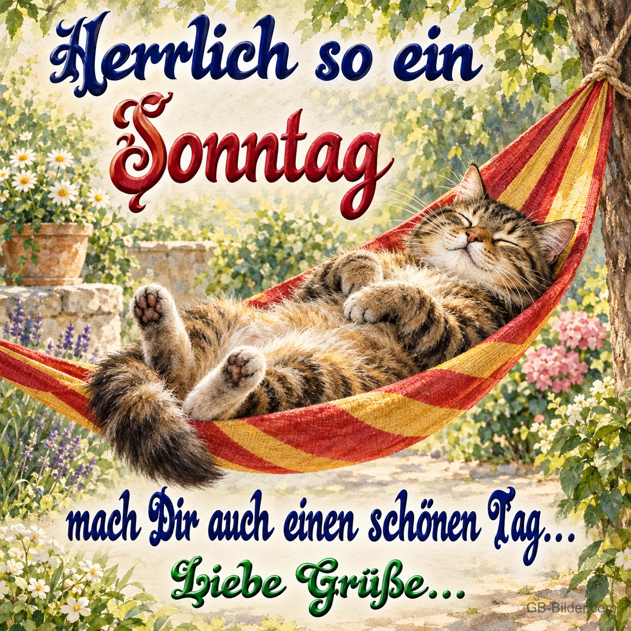 Getigerte Katze liegt entspannt in einer gestreiften Hängematte, Text: Herrlich so ein Sonntag – mach Dir auch einen schönen Tag… Liebe Grüße…