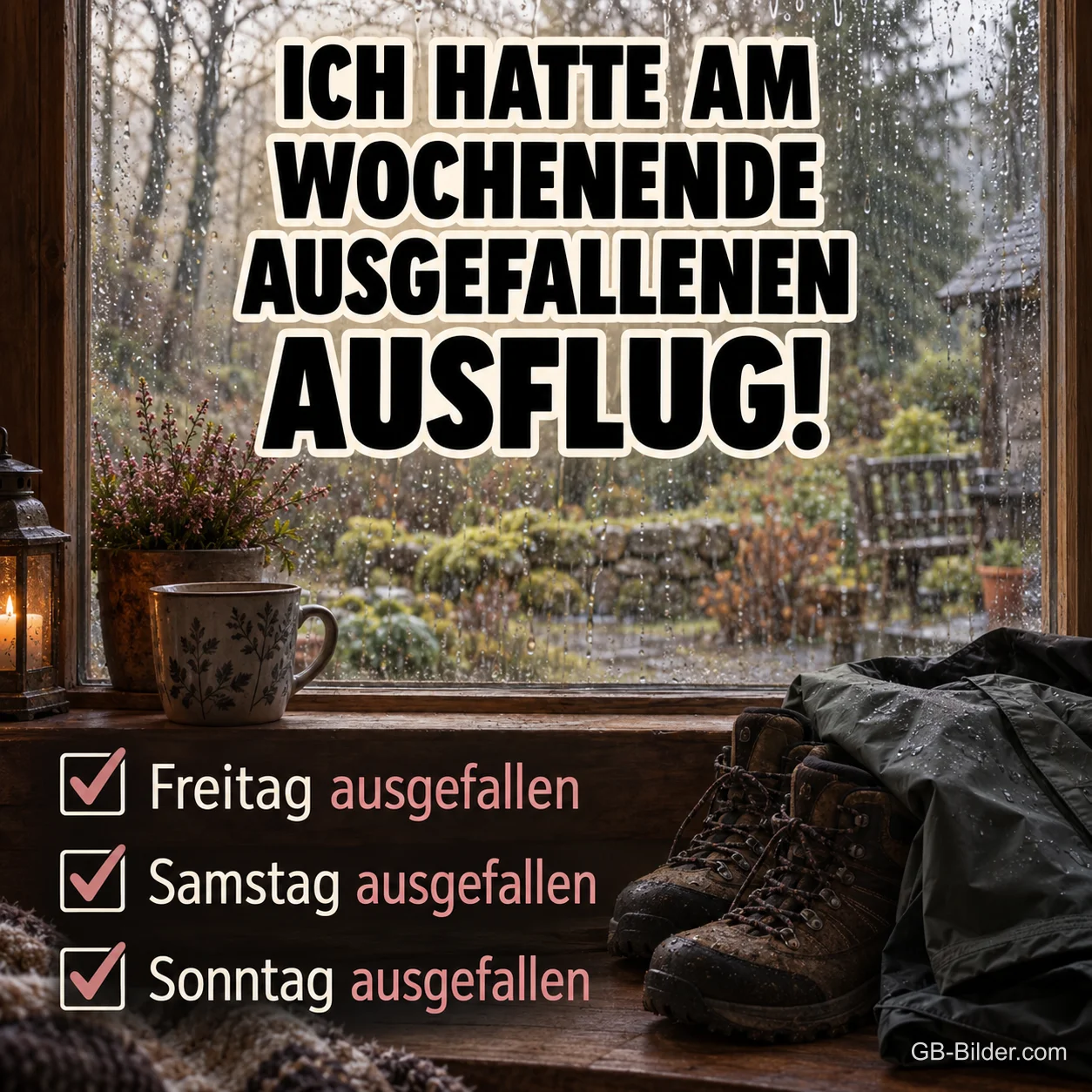Wanderschuhe und Jacke vor einem Fenster mit Regen, Text: Ich hatte am Wochenende ausgefallenen Ausflug! Freitag ausgefallen, Samstag ausgefallen, Sonntag ausgefallen Wanderschuhe und Jacke vor einem Fenster mit Regen, Text: Ich hatte am Wochenende ausgefallenen Ausflug! Freitag ausgefallen, Samstag ausgefallen, Sonntag ausgefallen