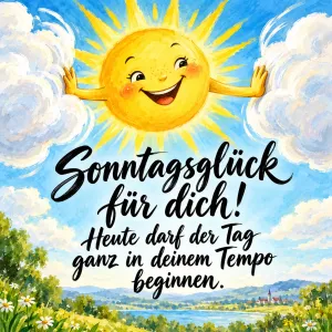Lachende Sonne schiebt mit den Armen die Wolken beiseite, Text: Sonntagsglück für dich! Heute darf der Tag ganz in deinem Tempo beginnen.
