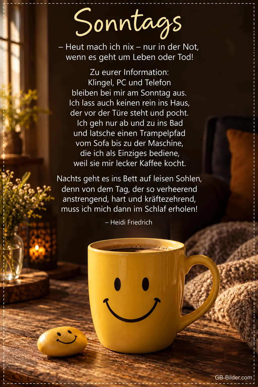 Gelbe Tasse mit Smiley auf einem Holztisch im gemütlichen Wohnzimmer, Text: Sonntags – Heut mach ich nix – nur in der Not, wenn es geht um Leben oder Tod! Zu eurer Information: Klingel, PC und Telefon bleiben bei mir am Sonntag aus. Ich lass auch keinen rein ins Haus, der vor der Türe steht und pocht. Ich geh nur ab und zu ins Bad und latsche einen Trampelpfad vom Sofa bis zu der Maschine, die ich als Einziges bediene, weil sie mir lecker Kaffee kocht. Nachts geht es ins Bett auf leisen Sohlen, Gelbe Tasse mit Smiley auf einem Holztisch im gemütlichen Wohnzimmer, Text: Sonntags – Heut mach ich nix – nur in der Not, wenn es geht um Leben oder Tod! Zu eurer Information: Klingel, PC und Telefon bleiben bei mir am Sonntag aus. Ich lass auch keinen rein ins Haus, der vor der Türe steht und pocht. Ich geh nur ab und zu ins Bad und latsche einen Trampelpfad vom Sofa bis zu der Maschine, die ich als Einziges bediene, weil sie mir lecker Kaffee kocht. Nachts geht es ins Bett auf leisen Sohlen,