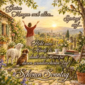 Frau hebt die Arme im Morgenlicht, daneben Schaf und Hund im Garten, Text: Guten Morgen euch allen… Springt auf… Hebt eure Hände & dankt dem Herrn für diesen wunderschönen Tag! Schönen Sonntag