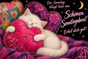 Weißes Kätzchen schläft an ein rosa Herzkissen gekuschelt, Text: Schönen Sonntagabend! Der Sonntag klingt leise aus. Erhol dich gut!