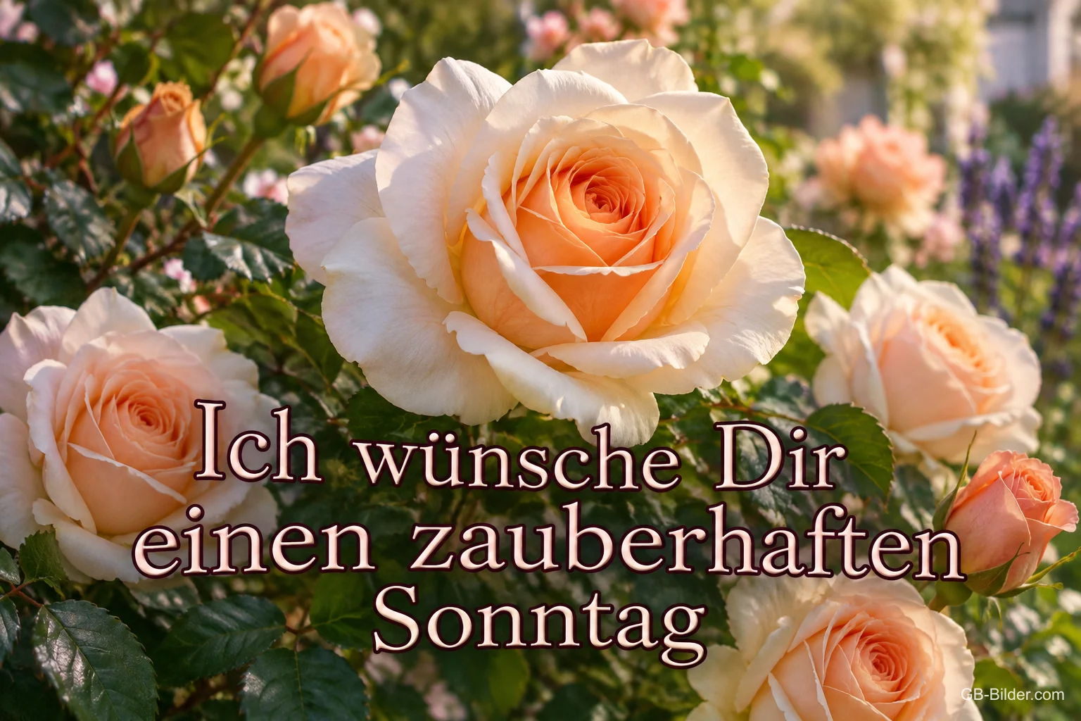 Pfirsichfarbene Rosen im Garten, Text: Ich wünsche Dir einen zauberhaften Sonntag