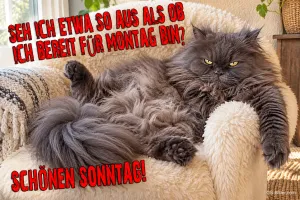 Graue Perserkatze liegt grimmig auf einem flauschigen Sessel, Text: SEH ICH ETWA SO AUS ALS OB ICH BEREIT FÜR MONTAG BIN? SCHÖNEN SONNTAG!