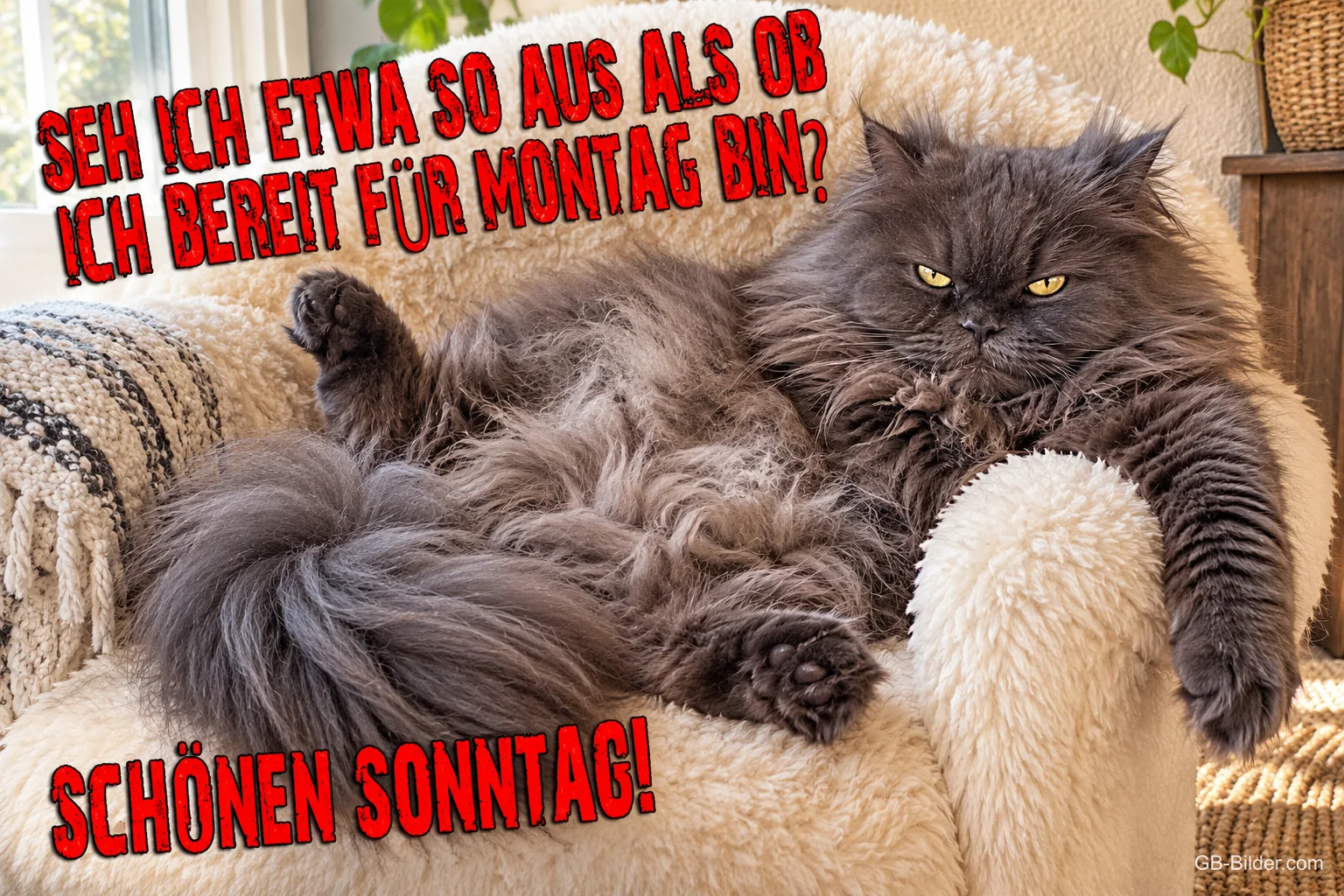 Graue Perserkatze liegt grimmig auf einem flauschigen Sessel, Text: SEH ICH ETWA SO AUS ALS OB ICH BEREIT FÜR MONTAG BIN? SCHÖNEN SONNTAG!