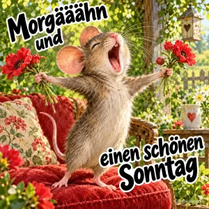 Maus reckt jubelnd zwei Blumensträuße auf einem Sessel, Text: Morgääähn und einen schönen Sonntag