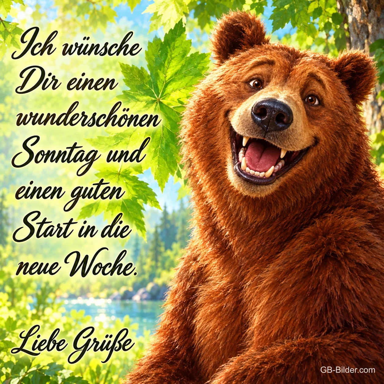 Lachender Braunbär zwischen grünen Blättern an einem Bergsee, Text: Ich wünsche Dir einen wunderschönen Sonntag und einen guten Start in die neue Woche. Liebe Grüße