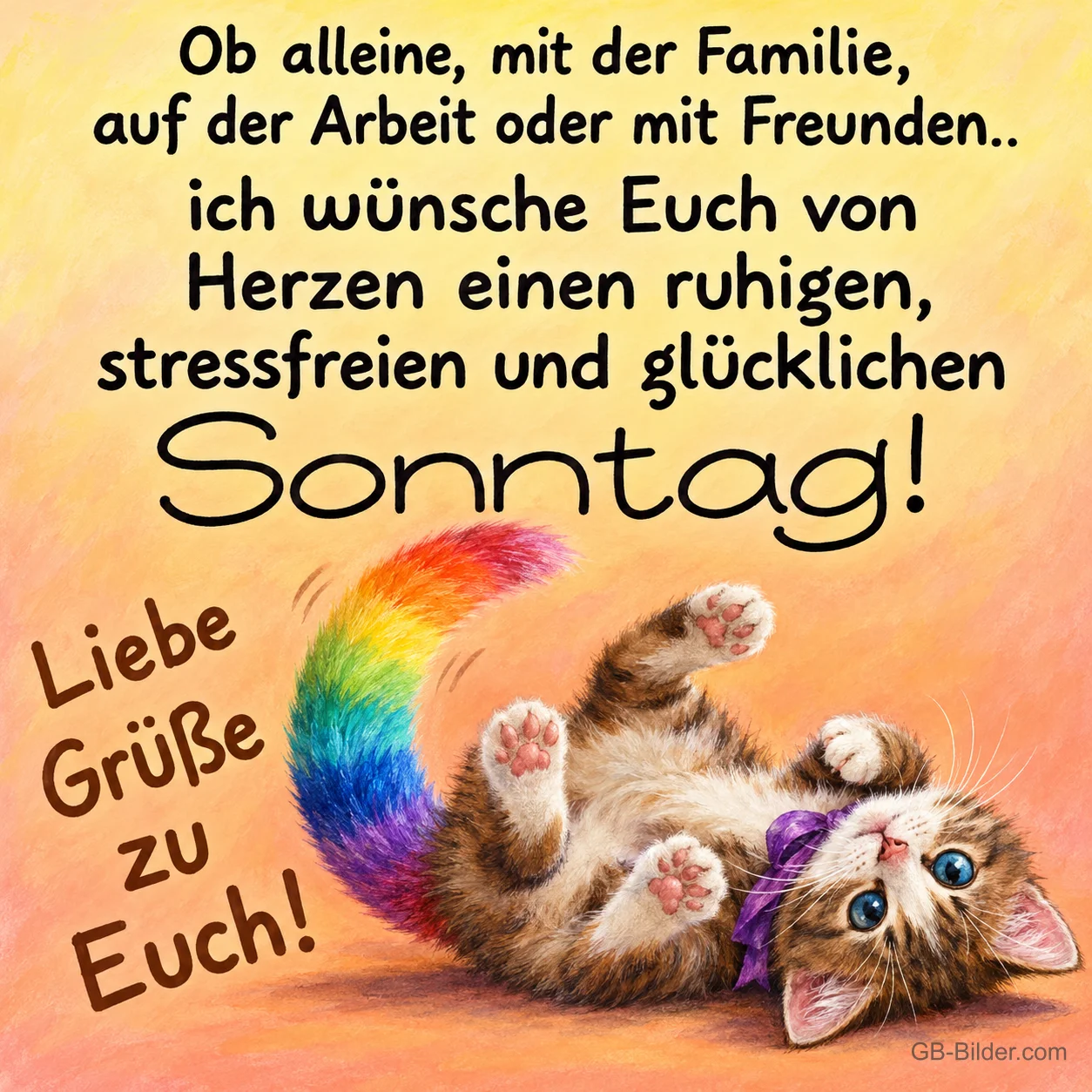 Kätzchen mit Regenbogenschwanz rollt sich auf dem Rücken, Text: Ob alleine, mit der Familie, auf der Arbeit oder mit Freunden.. ich wünsche Euch von Herzen einen ruhigen, stressfreien und glücklichen Sonntag! Liebe Grüße zu Euch! Kätzchen mit Regenbogenschwanz rollt sich auf dem Rücken, Text: Ob alleine, mit der Familie, auf der Arbeit oder mit Freunden.. ich wünsche Euch von Herzen einen ruhigen, stressfreien und glücklichen Sonntag! Liebe Grüße zu Euch!