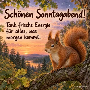 Eichhörnchen auf einem Ast über einem See im Abendrot, Text: Schönen Sonntagabend! Tank frische Energie für alles, was morgen kommt.