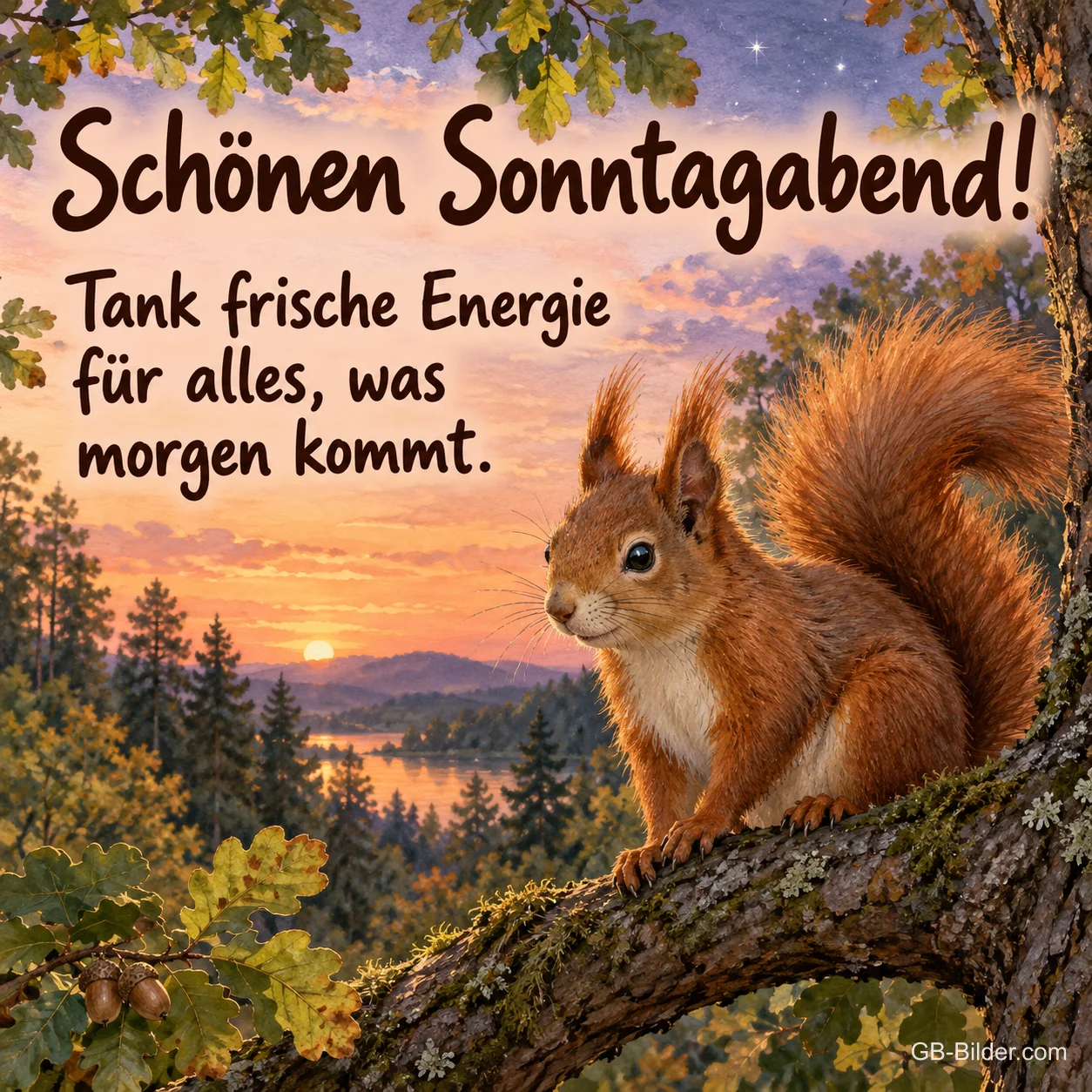 Eichhörnchen auf einem Ast über einem See im Abendrot, Text: Schönen Sonntagabend! Tank frische Energie für alles, was morgen kommt.
