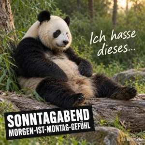 Panda lehnt an einem Baumstamm im Bambuswald, Text: Ich hasse dieses… SONNTAGABEND MORGEN-IST-MONTAG-GEFÜHL