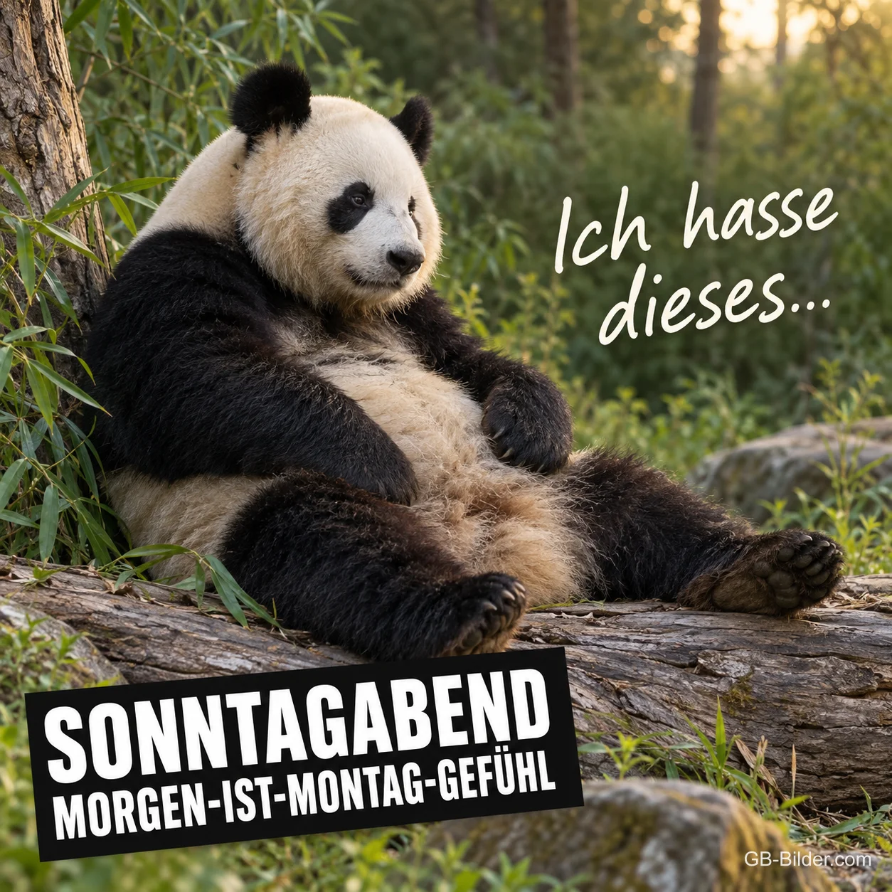 Panda lehnt an einem Baumstamm im Bambuswald, Text: Ich hasse dieses… SONNTAGABEND MORGEN-IST-MONTAG-GEFÜHL