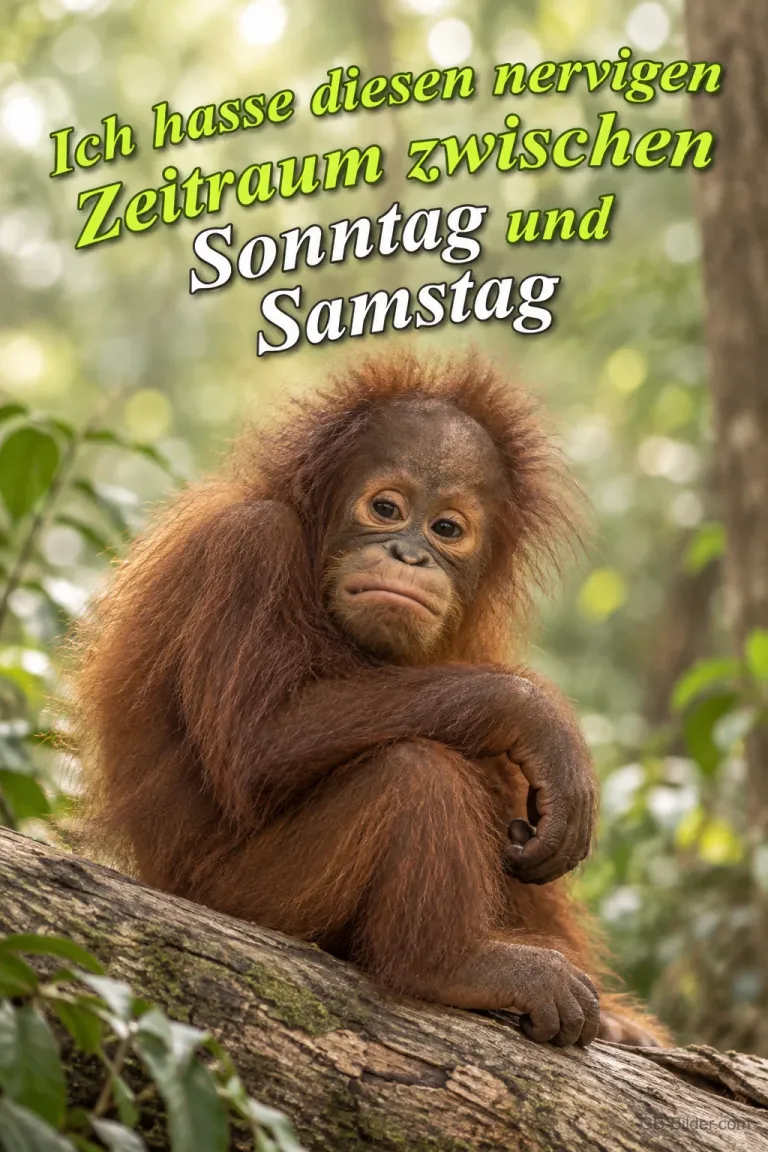 Junger Orang-Utan sitzt nachdenklich auf einem Ast, Text: Ich hasse diesen nervigen Zeitraum zwischen Sonntag und Samstag