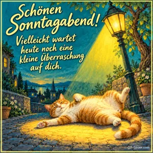 Rote Katze räkelt sich im Licht einer Straßenlaterne, Text: Schönen Sonntagabend! Vielleicht wartet heute noch eine kleine Überraschung auf dich.