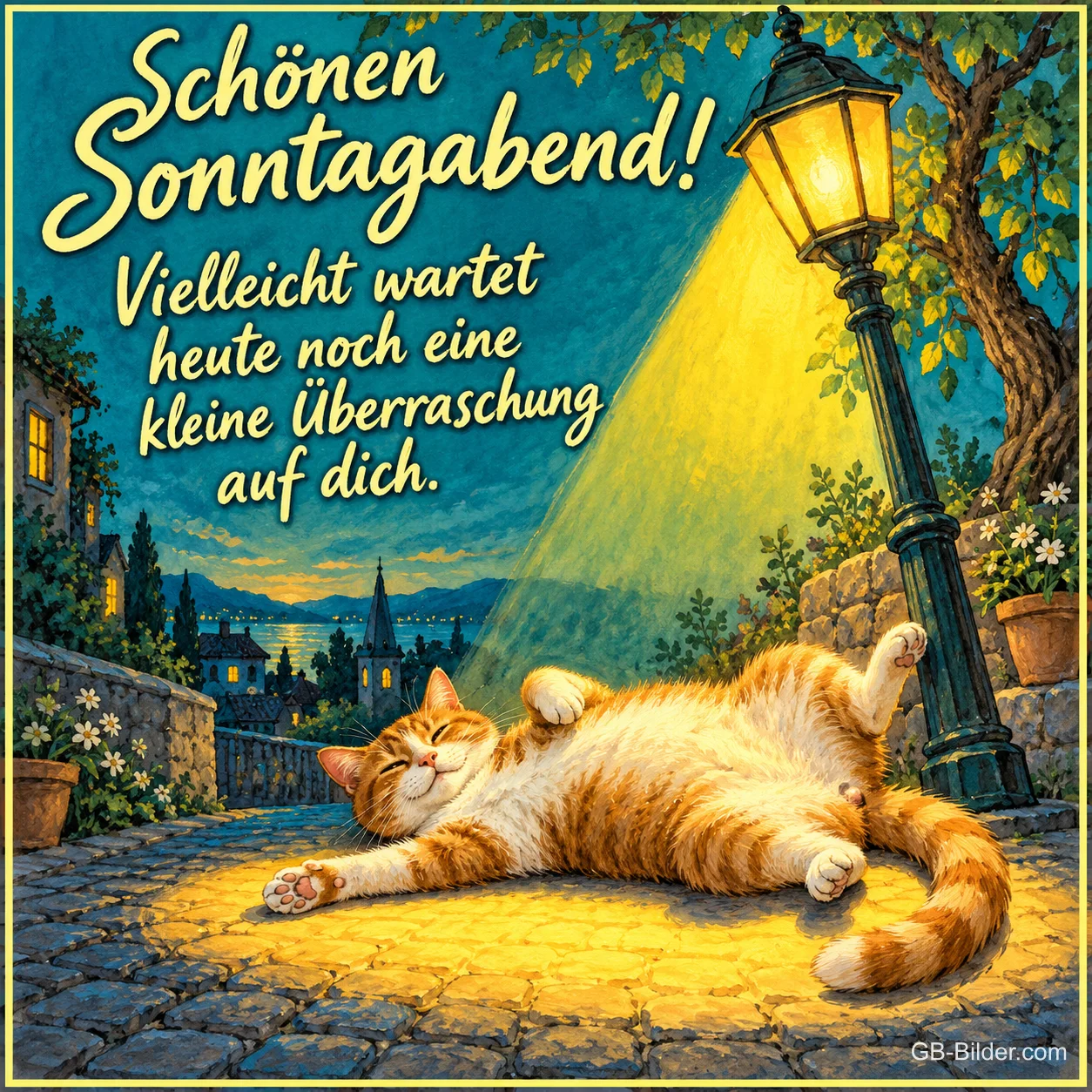 Rote Katze räkelt sich im Licht einer Straßenlaterne, Text: Schönen Sonntagabend! Vielleicht wartet heute noch eine kleine Überraschung auf dich.