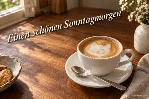 Cappuccino mit Katzengesicht im Milchschaum auf einem Holztisch, Text: Einen schönen Sonntagmorgen