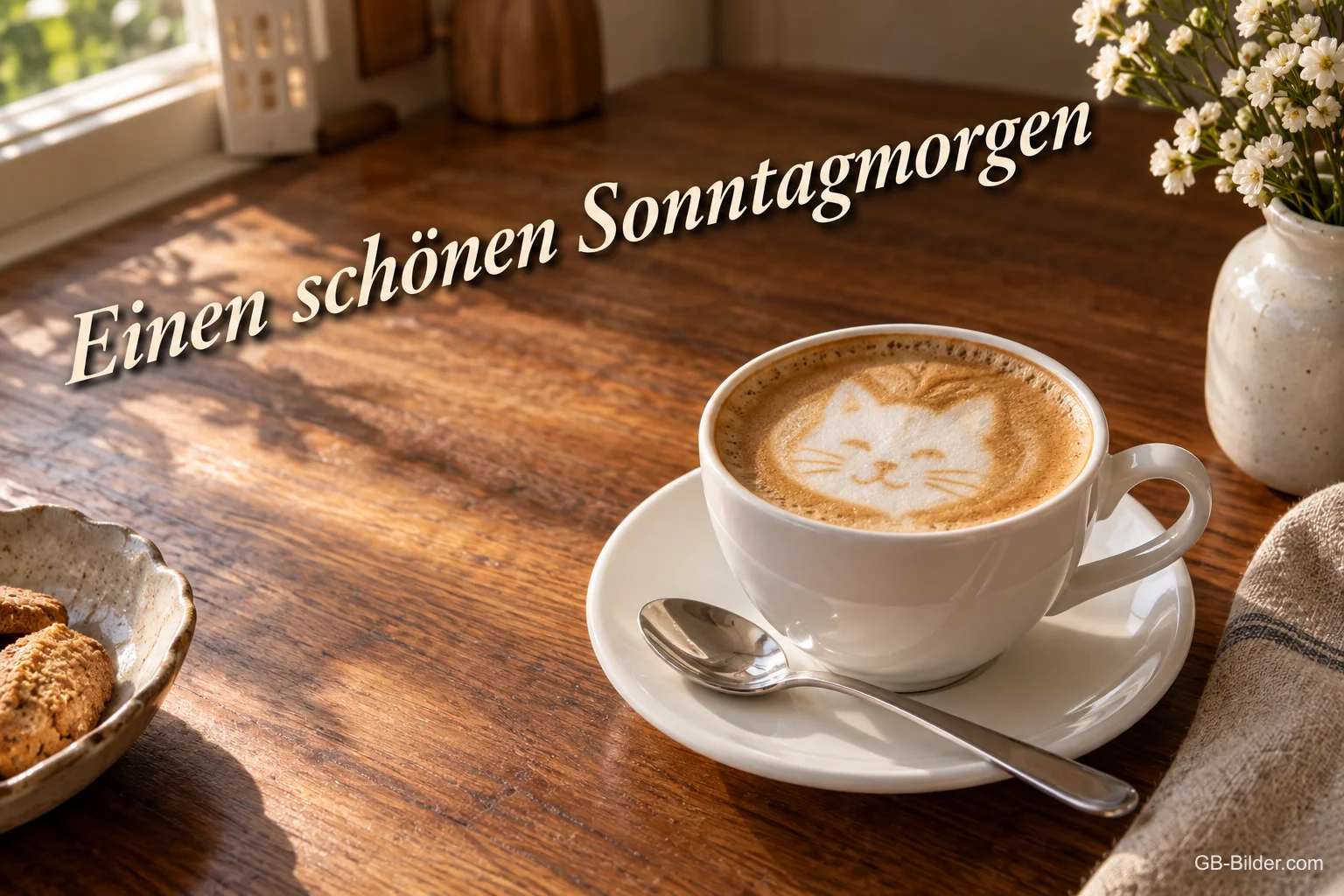 Cappuccino mit Katzengesicht im Milchschaum auf einem Holztisch, Text: Einen schönen Sonntagmorgen
