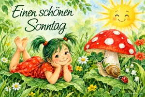 Mädchen mit grünen Zöpfen liegt auf einer Wiese neben Fliegenpilz und Schnecke, lachende Sonne, Text: Einen schönen Sonntag