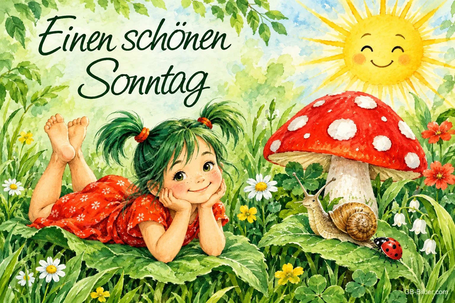 Mädchen mit grünen Zöpfen liegt auf einer Wiese neben Fliegenpilz und Schnecke, lachende Sonne, Text: Einen schönen Sonntag