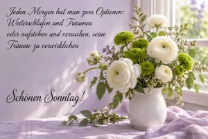 Weiße Ranunkeln und grüne Chrysanthemen in einer Vase am Fenster, Text: Jeden Morgen hat man zwei Optionen: Weiterschlafen und Träumen oder aufstehen und versuchen, seine Träume zu verwirklichen. Schönen Sonntag!