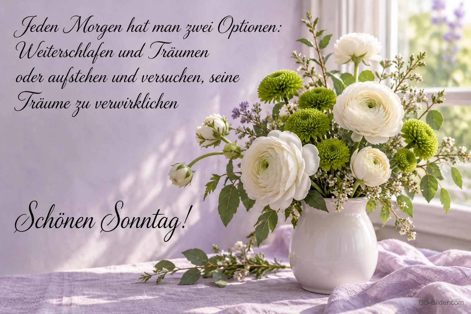 Weiße Ranunkeln und grüne Chrysanthemen in einer Vase am Fenster, Text: Jeden Morgen hat man zwei Optionen: Weiterschlafen und Träumen oder aufstehen und versuchen, seine Träume zu verwirklichen. Schönen Sonntag!