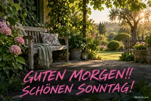 Holzbank mit Kissen und Decke im sonnigen Garten, Text: GUTEN MORGEN!! SCHÖNEN SONNTAG!