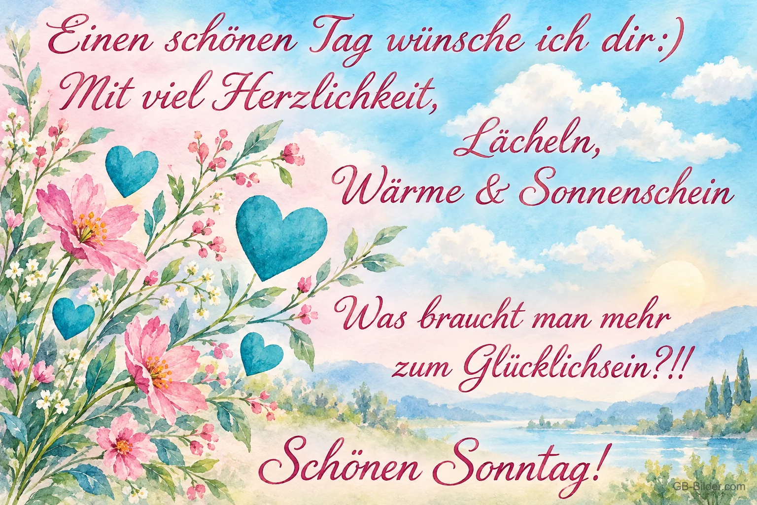 Rosa Blüten und türkise Herzen vor einer Seelandschaft, Text: Einen schönen Tag wünsche ich dir :) Mit viel Herzlichkeit, Lächeln, Wärme & Sonnenschein. Was braucht man mehr zum Glücklichsein?!! Schönen Sonntag!