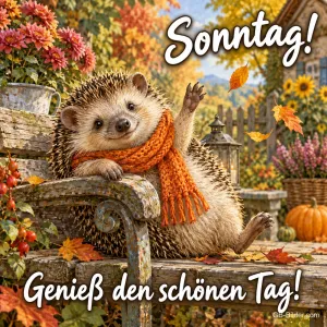 Igel mit orangem Schal winkt auf einer Gartenbank im Herbst, Text: Sonntag! Genieß den schönen Tag!