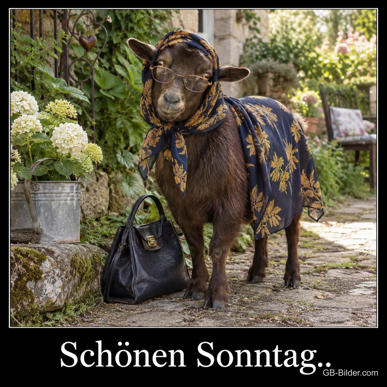 Ziege mit Kopftuch, Brille und Handtasche im Garten, Text: Schönen Sonntag..