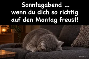 Graue Katze vergräbt den Kopf im Sofa, Text: Sonntagabend … wenn du dich so richtig auf den Montag freust!