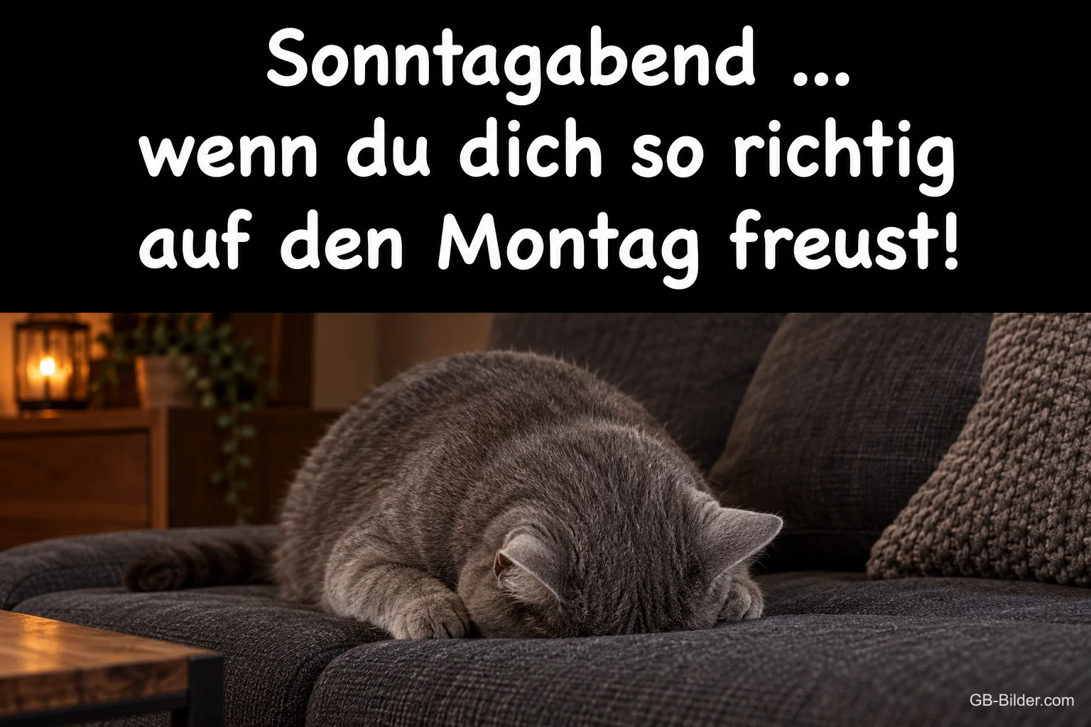 Graue Katze vergräbt den Kopf im Sofa, Text: Sonntagabend … wenn du dich so richtig auf den Montag freust!