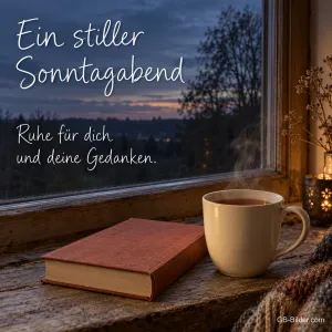 Teetasse und Buch auf der Fensterbank mit Blick in die Abenddämmerung, Text: Ein stiller Sonntagabend – Ruhe für dich und deine Gedanken.