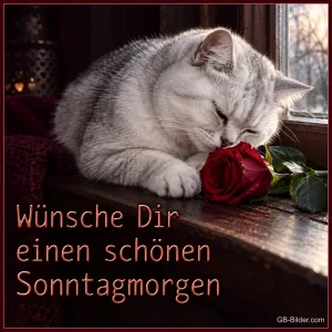 Weiße Katze schnuppert an einer roten Rose am Fenster, Text: Wünsche Dir einen schönen Sonntagmorgen
