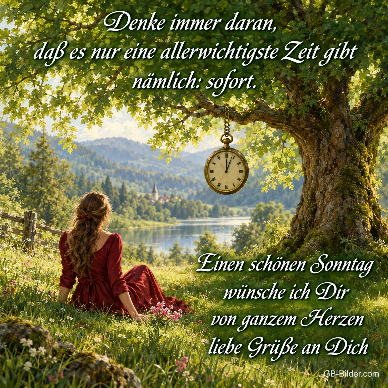 Frau im roten Kleid sitzt unter einem Baum, an dem eine Taschenuhr hängt, Text: Denke immer daran, daß es nur eine allerwichtigste Zeit gibt, nämlich: sofort. Einen schönen Sonntag wünsche ich Dir von ganzem Herzen, liebe Grüße an Dich