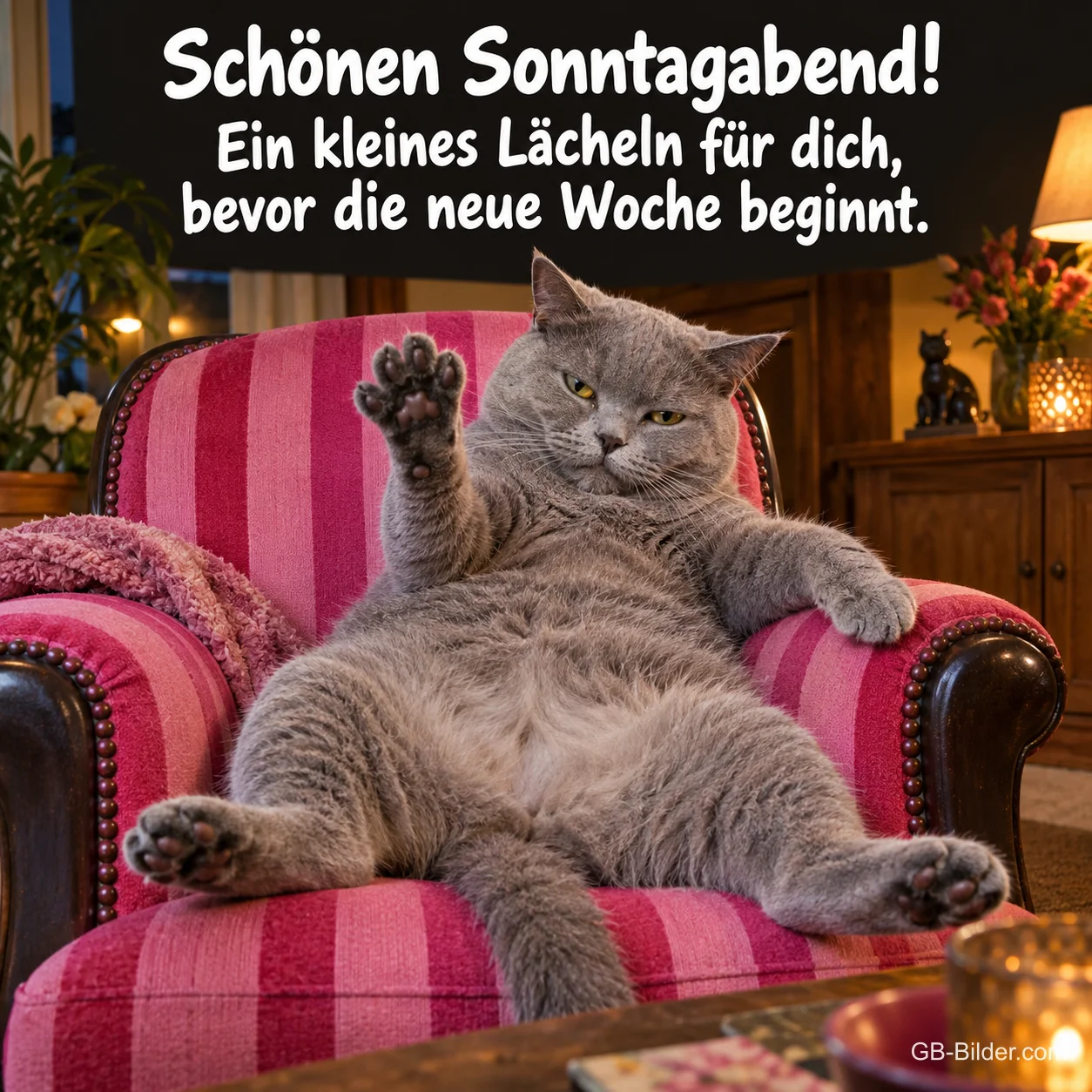 Graue Katze sitzt lässig im gestreiften Sessel und hebt die Pfote, Text: Schönen Sonntagabend! Ein kleines Lächeln für dich, bevor die neue Woche beginnt.