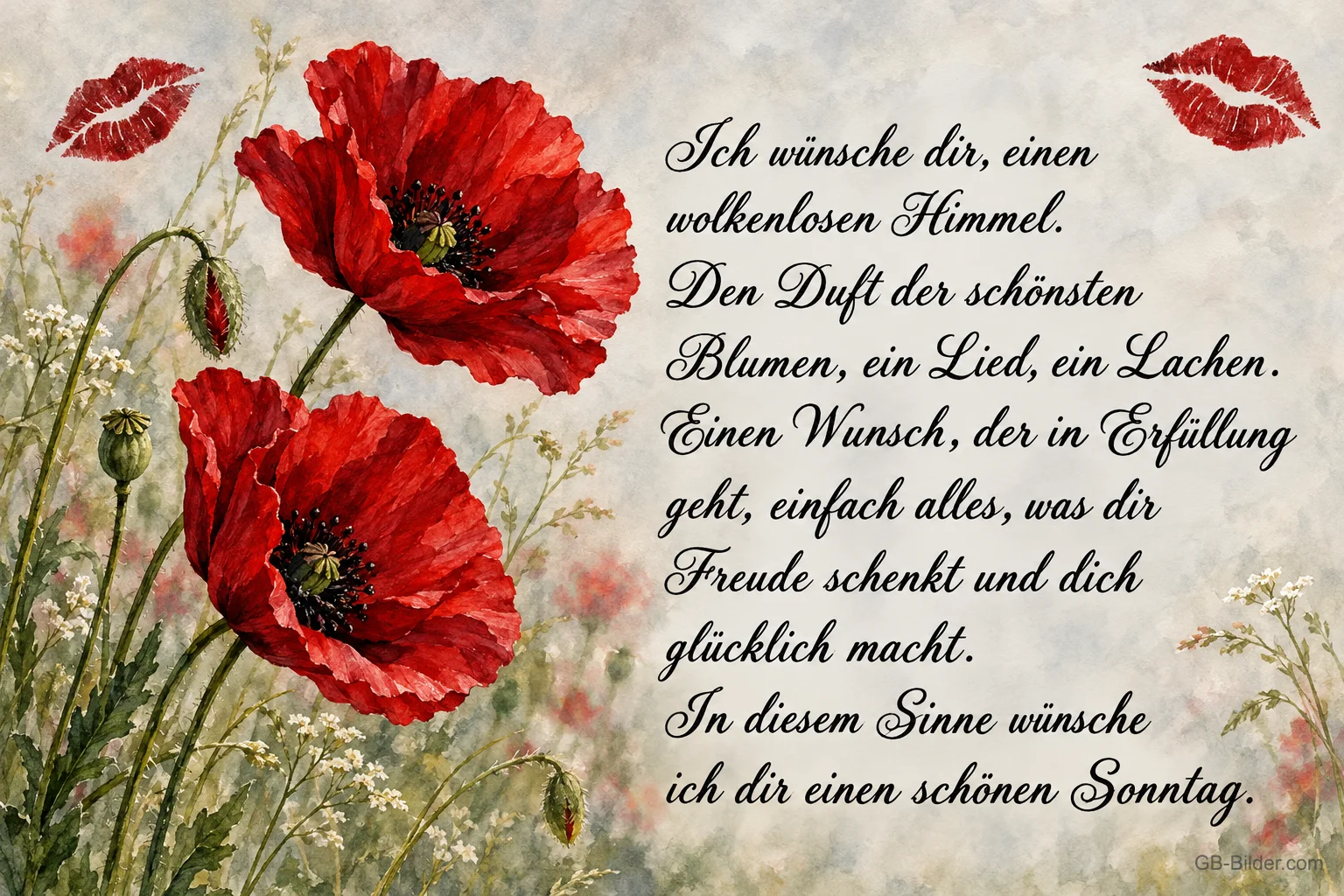 Rote Mohnblumen neben einem Gedicht auf hellem Hintergrund, Text: Ich wünsche dir einen wolkenlosen Himmel. Den Duft der schönsten Blumen, ein Lied, ein Lachen. Einen Wunsch, der in Erfüllung geht, einfach alles, was dir Freude schenkt und dich glücklich macht. In diesem Sinne wünsche ich dir einen schönen Sonntag.