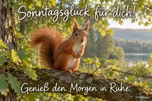 Eichhörnchen über dem See, Text: Sonntagsglück für dich