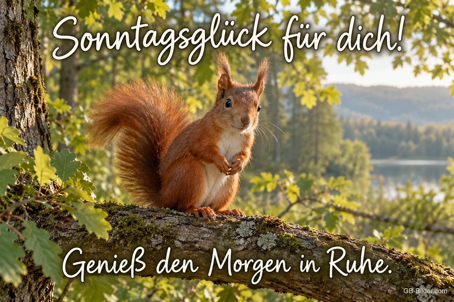 Eichhörnchen über dem See, Text: Sonntagsglück für dich Eichhörnchen über dem See, Text: Sonntagsglück für dich