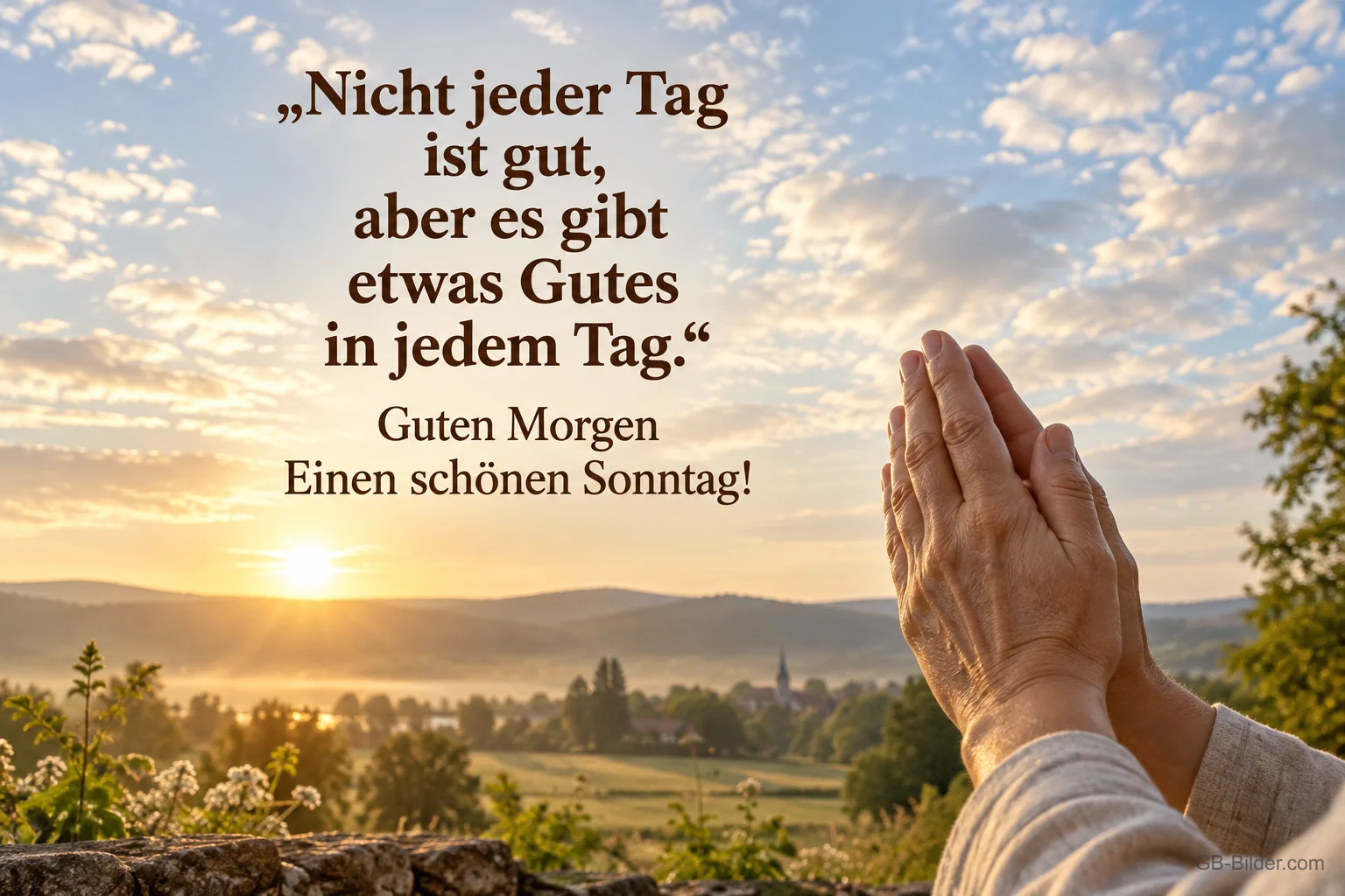 Gefaltete Hände vor einer Landschaft im Sonnenaufgang, Text: „Nicht jeder Tag ist gut, aber es gibt etwas Gutes in jedem Tag.“ Guten Morgen – Einen schönen Sonntag!