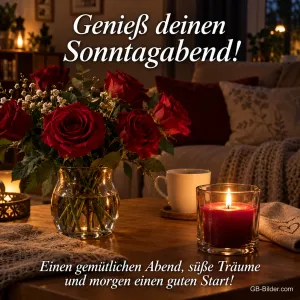 Rote Rosen in einer Vase mit Kerze im Wohnzimmer, Text: Genieß deinen Sonntagabend! – Einen gemütlichen Abend, süße Träume und morgen einen guten Start!