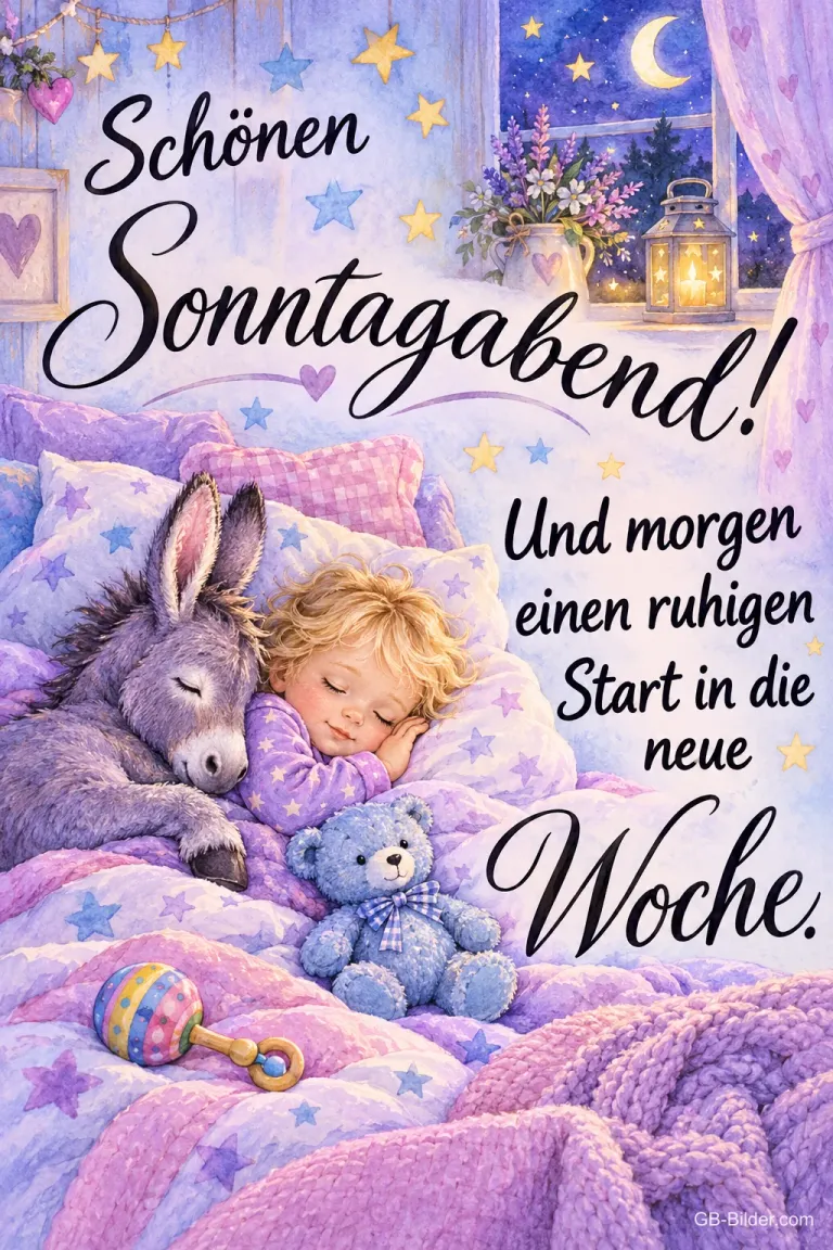 Kleines Kind schläft mit einem Plüschesel und Teddy unter Sternen, Text: Schönen Sonntagabend! Und morgen einen ruhigen Start in die neue Woche.