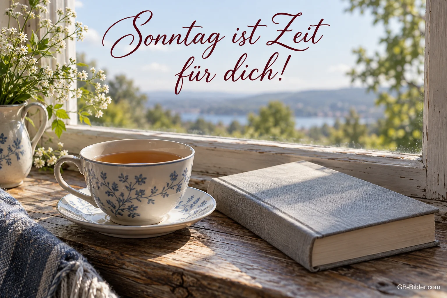 Tee und Buch am Fenster, Text: Sonntag ist Zeit für dich