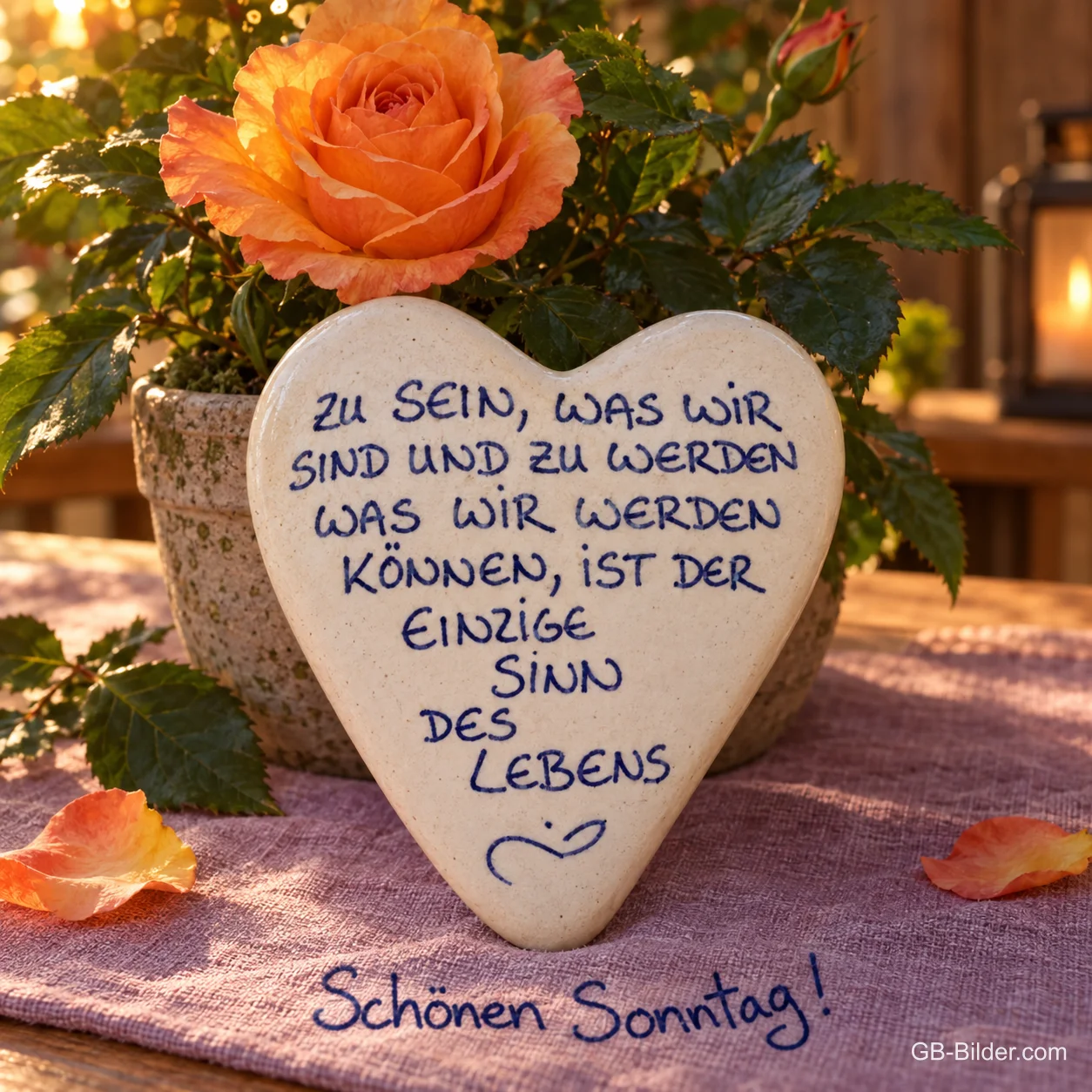 Beschriftetes Steinherz vor einer orangefarbenen Rose, Text: ZU SEIN, WAS WIR SIND UND ZU WERDEN WAS WIR WERDEN KÖNNEN, IST DER EINZIGE SINN DES LEBENS – Schönen Sonntag!