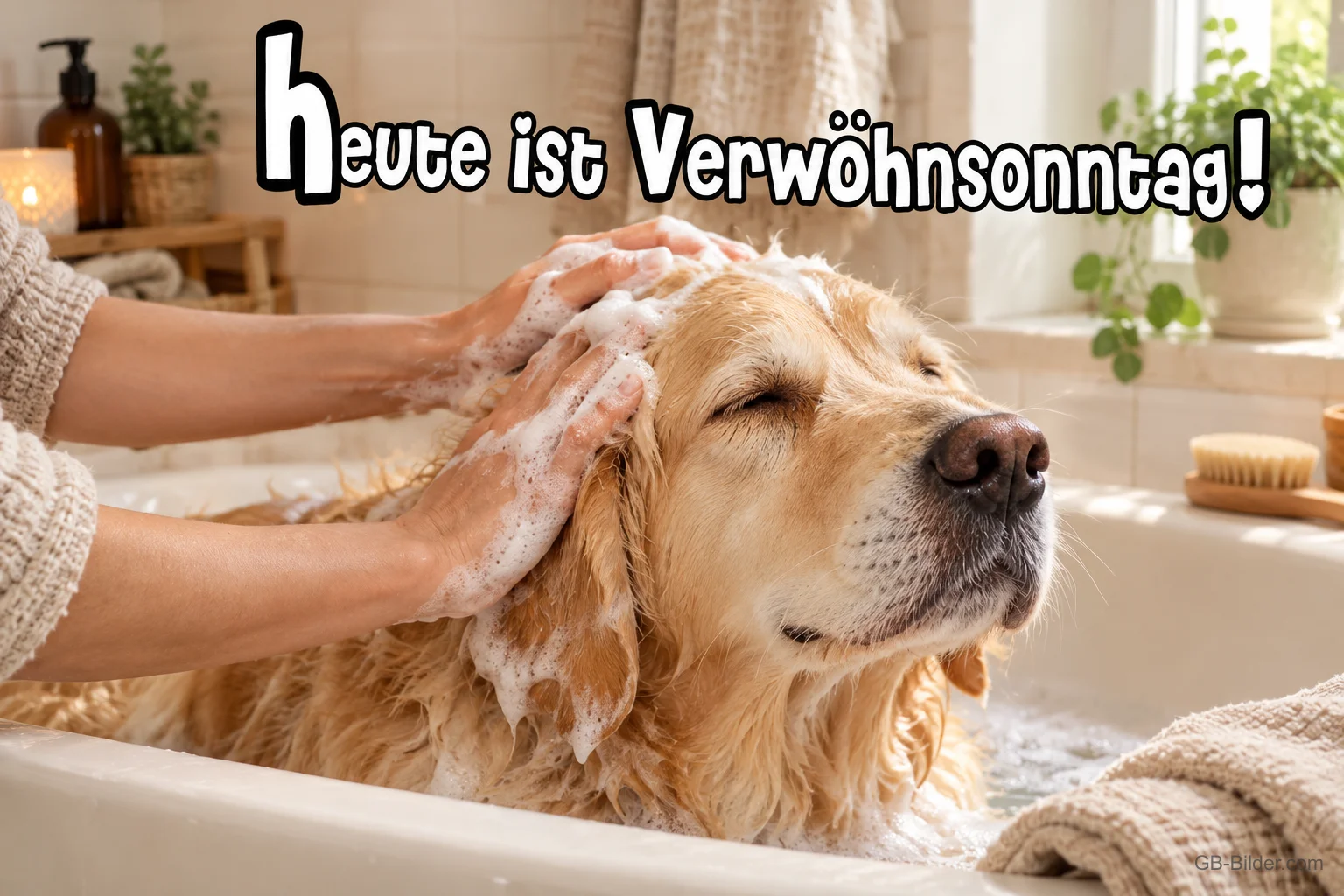 Golden Retriever wird in der Badewanne eingeseift, Text: heute ist Verwöhnsonntag!
