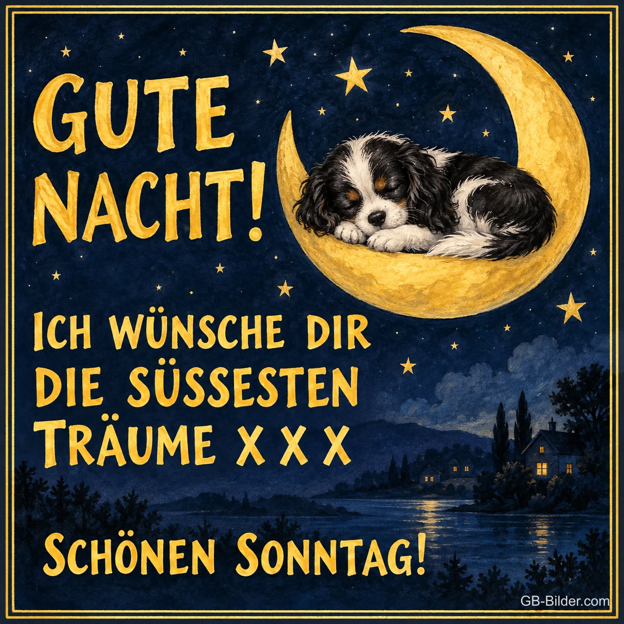 Kleiner Hund schläft auf einer goldenen Mondsichel, Text: GUTE NACHT! ICH WÜNSCHE DIR DIE SÜSSESTEN TRÄUME X X X – SCHÖNEN SONNTAG!