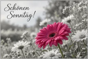 Pinke Gerbera zwischen weißen Blumen in Grautönen, Text: Schönen Sonntag!
